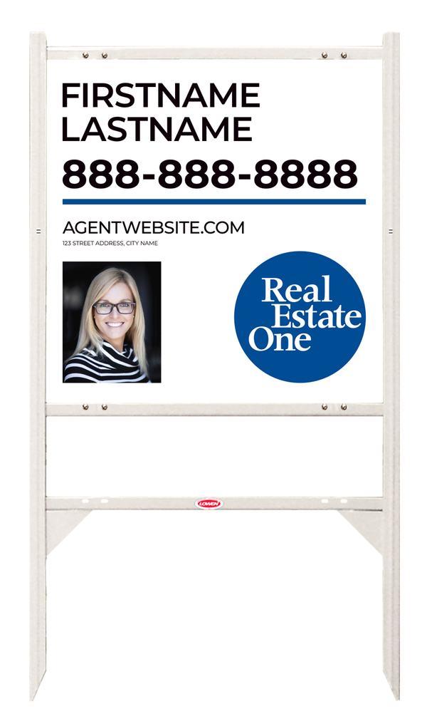 Reflective Angle Iron Frame W/ 1 Rider Inserts And Agent Photo Sign Panel Unit, 24"H X 24"W, .040 Aluminum