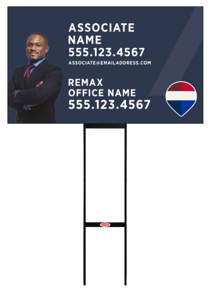 RE/MAX Sentry Round Rod H-Stake Frame and Associate Name w/ Cut Out Photo Sign Panel, 18h x 30w, 10mm Corrugated