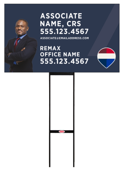 RE/MAX Sentry Round Rod H-Stake Frame and Associate Name, CRS w/ Cut Out Photo Sign Panel, 18h x 30w, 10mm Corrugated