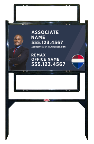 RE/MAX Reflective Angle Iron Frame and Associate Name w/ Cut Out Photo Sign Unit w/2 Rider Insert, 18"h x 30"w, Steel
