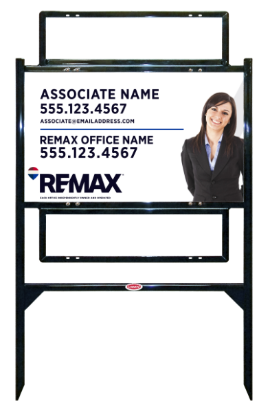 RE/MAX Reflective Angle Iron Frame and Associate Name w/ Cut Out Photo Sign Unit w/2 Rider Insert, 18"h x 30"w, Steel