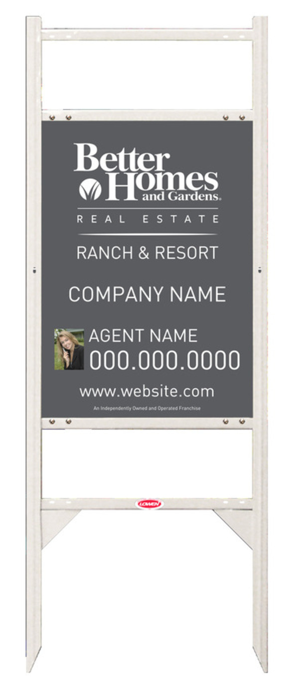 Ranch and Resort real estate white angle iron sign frame and photo panel unit with two rider inserts, 24 GA steel 24h x 18w