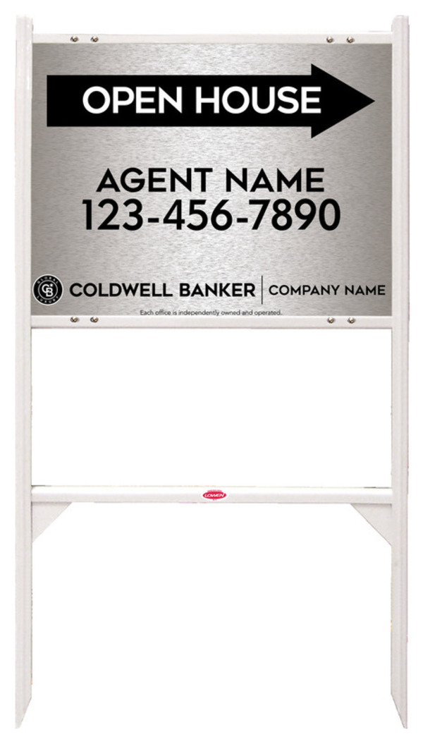 Angle Iron Frame and Agent Open House Sign Panel Unit, 18h x 24w, Brushed Aluminum Composite