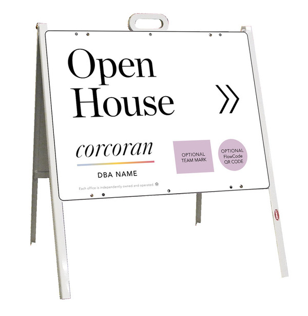 Directional Office Open House w Team Logo & QR Flowcode  A-Frame and Sign Panel Unit, 18h x 24w, Steel