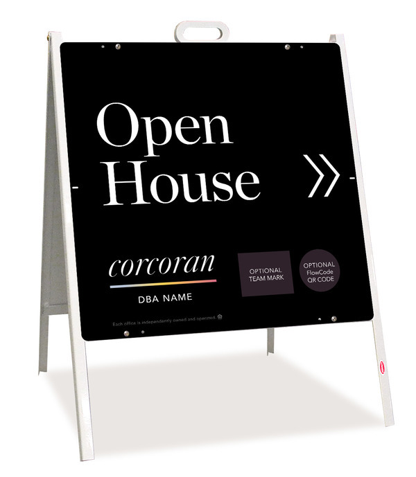 Directional Office Open House w Team Logo & QR Flowcode  A-Frame and Sign Panel Unit, 24h x 24w, Steel