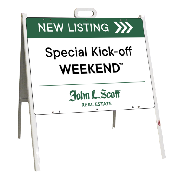 Angle Iron A-Frame and New Listing Special Kick-off Weekend sign panel unit, 18h x 24w, Stee;